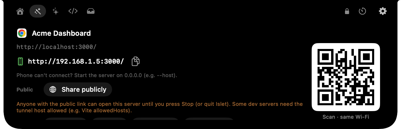 Real screenshot of Islet's App tab in Chrome on localhost: phone link, Share publicly and a QR code
