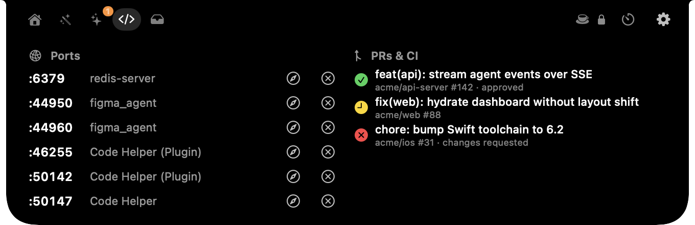 Dev tab: listening ports and GitHub pull requests with CI status