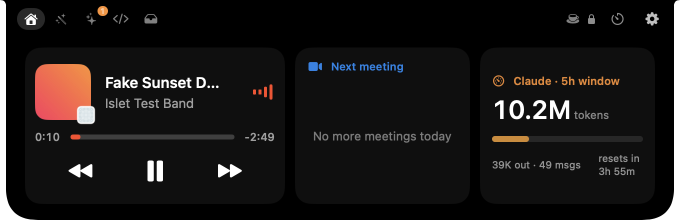 Home tab: now playing, next meeting, Claude usage