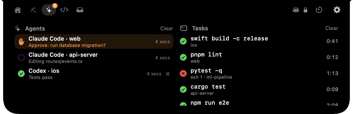 Agents and Tasks tab: one agent needs approval, one running, one done, plus recent tasks